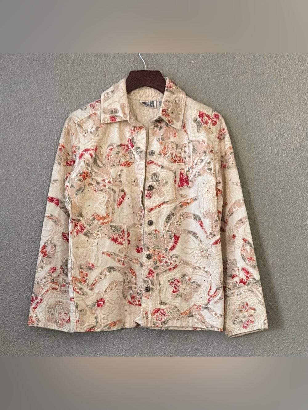 Chico's VNTG Cream Floral Embroidered Jean Jacket with Pink Accents